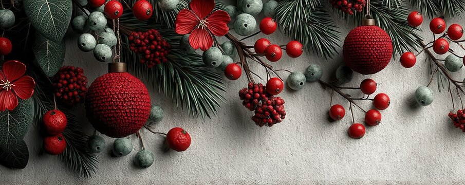 Festive Christmas decor with red ornaments, pine branches, and snow-dusted background