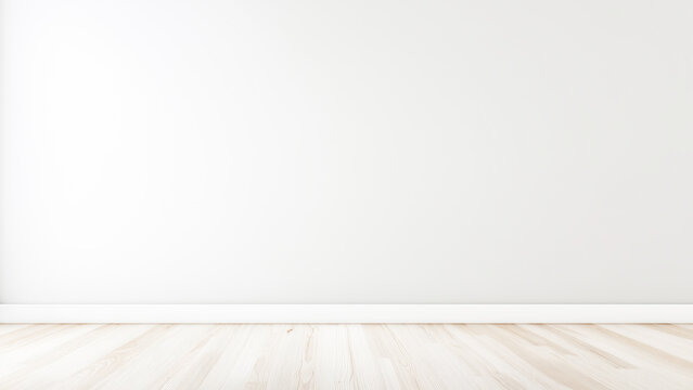 Empty clean white wall with bright wooden floor and baseboard for product display, interior designs