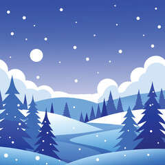 Serene winter landscape illustration featuring a full moon illuminating a tranquil snowy scene under a clear blue night sky