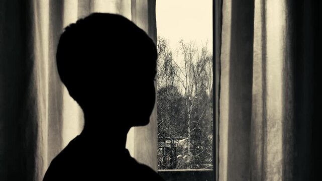 A child sits in silhouette against a softly lit window with pale curtains and a cloudy sky, conveying a quiet, somber mood.