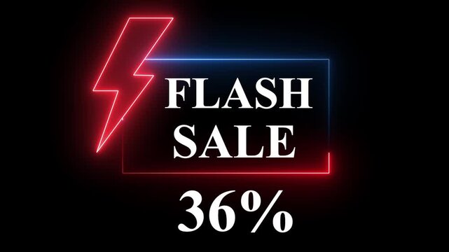Blue and Red color neon sign promoting a flash sale with a bold -36% discount. Perfect for showcasing digital marketing and e-commerce promotions.4k animation video..