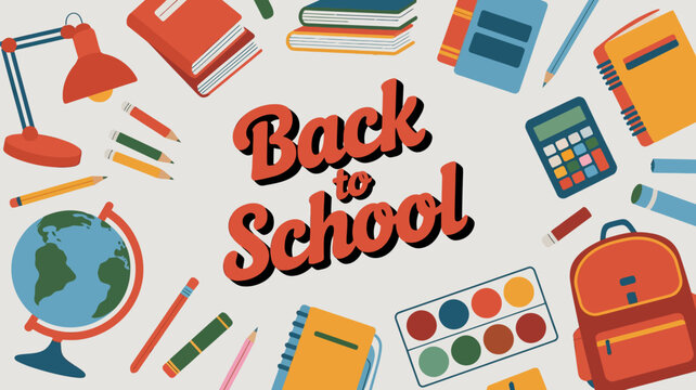 Retro style illustration with the text back to school surrounded by various school supplies like books a globe a backpack a lamp pens and a calculator on a light background