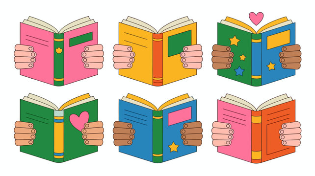 Diverse hands holding open colorful books in a flat design illustration symbolizing education reading knowledge and learning for all ages and backgrounds