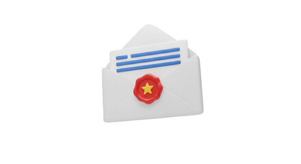 3d icon of an open white envelope with a wax seal isolated on transparent background