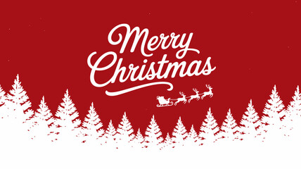 Festive merry christmas greeting with a silhouette of santa claus flying his sleigh over a snowy forest landscape on a vibrant red background