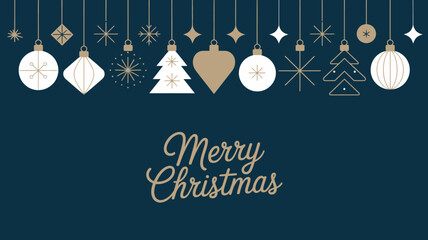 Elegant merry christmas greeting card featuring a row of festive hanging ornaments and sparkling star shapes against a deep navy blue background with decorative calligraphy