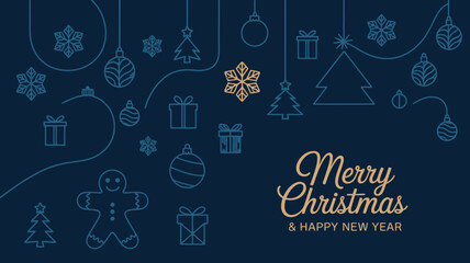 Elegant dark blue christmas and new year greeting card with festive line art ornaments snowflakes gift boxes and trees featuring a golden merry christmas and happy new year text