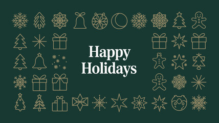 Elegant gold line art christmas holiday icons and snowflakes frame a central happy holidays message on a deep green background for festive greetings and celebrations