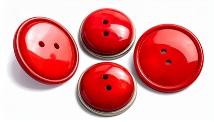 A collection of 14 glossy red buttons of varying sizes and designs arranged on a white surface.