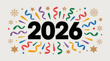 Happy new year 2026 celebration with colorful confetti streamers and starbursts a festive and vibrant design for holiday greetings and party invitations