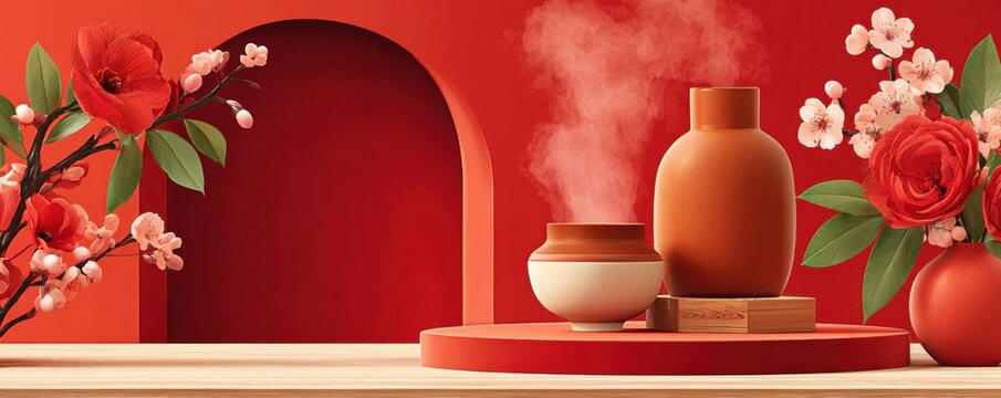 Red backdrop stage with circular arch and floral decorations in Chinese style for events and celebrations