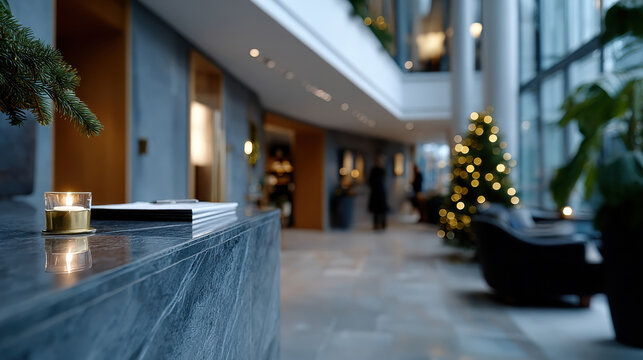 A modern lobby adorned with lush greenery, a glowing candle, and festive decorations, inviting guests to feel welcome and embraced in a cozy holiday setting.