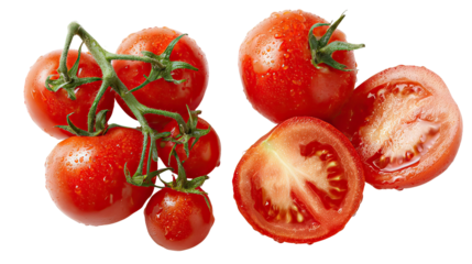 Two piles of tomatoes side by side one whole and one sliced on transparent background