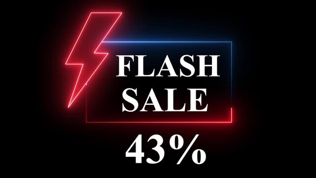 Blue and Red color neon sign promoting a flash sale with a bold -43% discount. Perfect for showcasing digital marketing and e-commerce promotions.4k animation video..