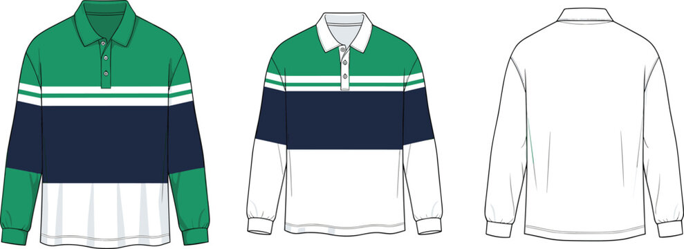 Men's long sleeve rugby polo shirt technical fashion illustration, oversized fit, front and back flat sketch, color block design, green, navy, and white stripes, apparel template for stock.