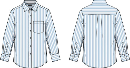 Technical flat sketch of men's striped long sleeve collared button-down shirt with chest pocket and cuffs, vector illustration.