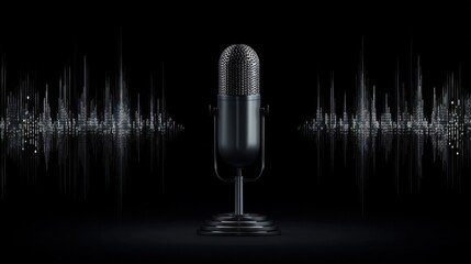 An old fashioned microphone stands centrally with spherical mesh grill and tripod base,