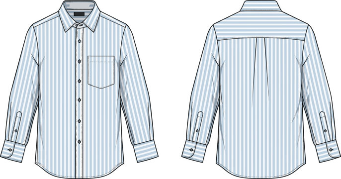 Technical flat sketch of men's striped long sleeve collared button-down shirt with chest pocket and cuffs, vector illustration.