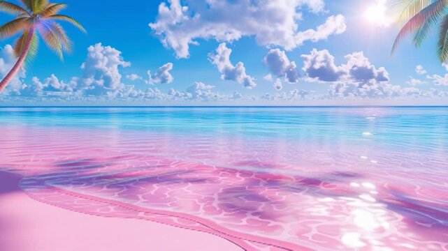 A tropical beach with palm trees and pink sand, where the shimmering water glows softly in a dreamy video scene.