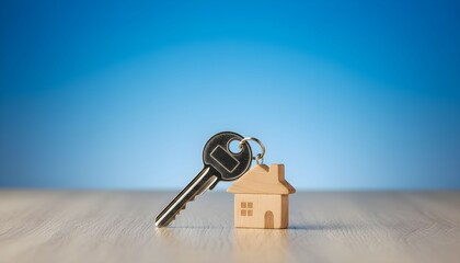 A silver key attached to a small wooden house keychain, symbolizing home ownership and real estate, on a wooden surface with a blue background.