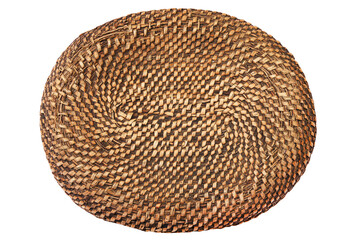 Round wicker basket isolated on white background.