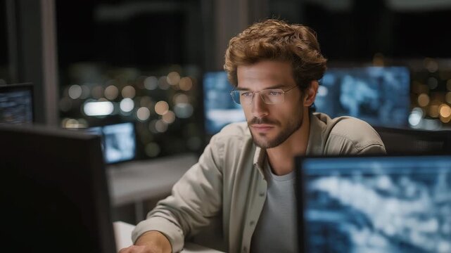 Cybersecurity specialist monitoring live threat maps across multiple holographic screens, emotion of vigilance visible, representing ethical hacking operations, digital defense, and advanced cyber