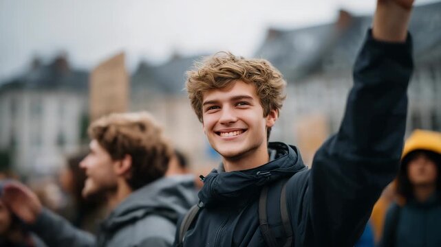 Environmental activists across continents projecting holographic protest banners simultaneously in city squares — concept of global teamwork, technology-enabled activism, and collaborative