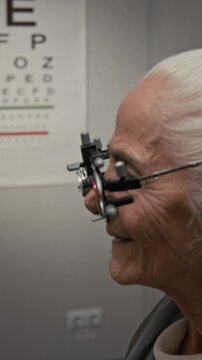 Vertical side view shot of mature man as doctor adjusting trial frames on elderly woman during eye exam in clinic and walking over to test chart on wall