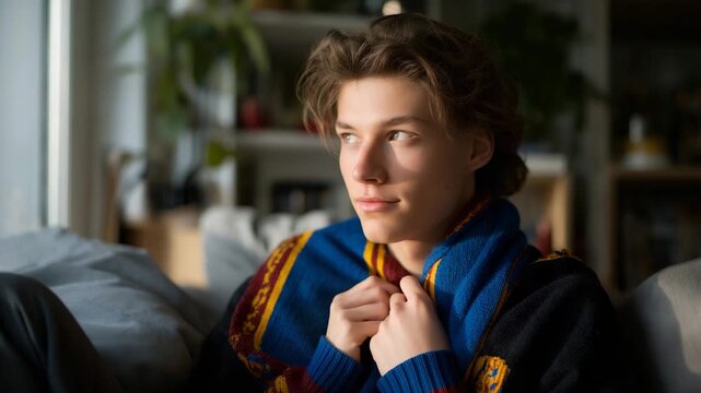 Fan knitting a scarf in team colors while watching a winter broadcast &mdash; cozy, slow-paced visual of creative fandom and dedication. cinematic color correction, natural uneven lighting yet gentle