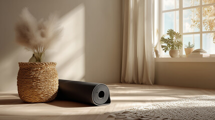 Minimal yoga studio with natural light and calming neutral tones. Minimal studio with yoga mat, woven basket, neutral palette, large window with soft natural light, serene mindful atmosphere.