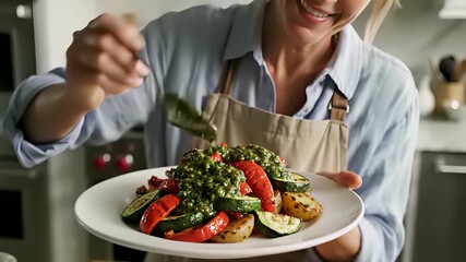 A warm and inviting kitchen scene featuring a woman in an apron, beaming with joy as she holds a plate of nourishing food, captures the heartfelt concept of sharing a meal together.