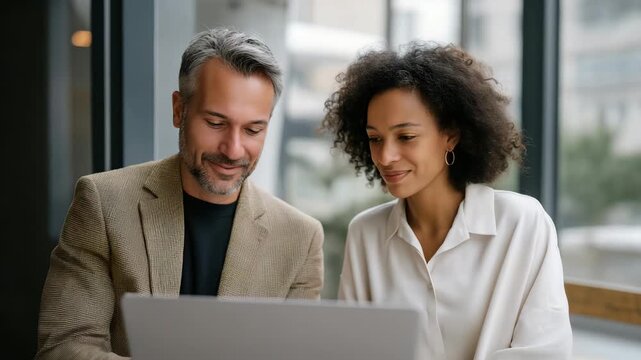 Manager and new employee sitting by a sunlit window during an early feedback session, laptop open between them — warm and authentic visual of leadership, trust, and career growth through open
