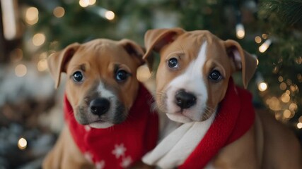 Rescue puppies wearing tiny Christmas scarves playing near a glowing tree as volunteers wrap adoption gift boxes — joyful and emotional concept symbolizing hope, new beginnings, and the spirit of