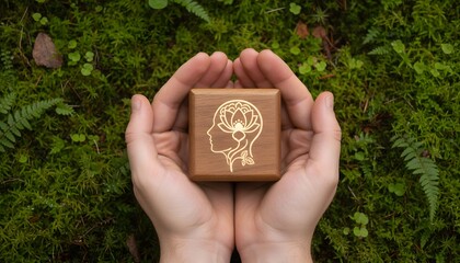 Hands holding a box with a brain and lotus flower design on a mossy background.
