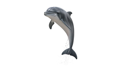 A playful dolphin leaping joyfully out of the water, captured mid-air against a clean white background
