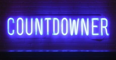 Bright neon sign displays COUNTDOWNER against textured brick wall. Vivid blue illumination creates dramatic visual impact. Simple, bold lettering.