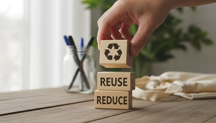 Hand stacking wooden blocks with the recycling symbol and the words 'REUSE' and 'REDUCE' to promote sustainability.