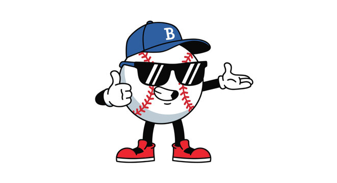 Cartoon baseball character wearing sunglasses and a blue cap gives a thumbs up.