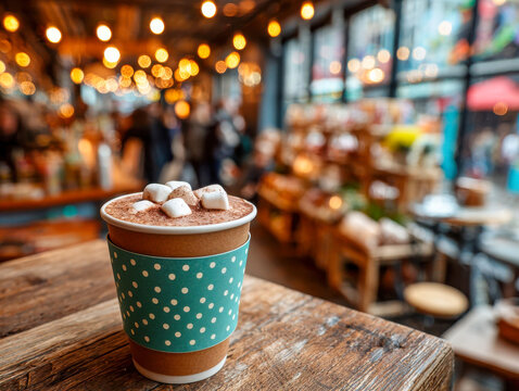 Warm drink sits on wooden table in cozy cafe filled with lights and people enjoying their time together on a busy day Generative AI