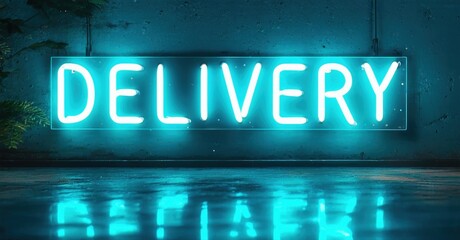 Fototapeta premium Bright neon sign spells DELIVERY. Blue light reflects on wet surface below. Dark background creates dramatic effect. Minimalist aesthetic.