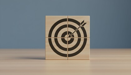 Wooden blocks forming a target with an arrow hitting the bullseye, symbolizing goal achievement.