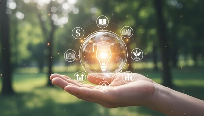 Hand holding a glowing sphere with a lightbulb and icons for education, finance, and sustainable growth.