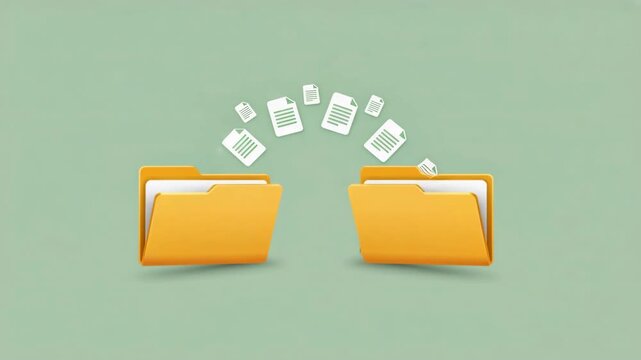 Yellow folders transferring with floating white documents on blue background, digital file exchange, data transfer