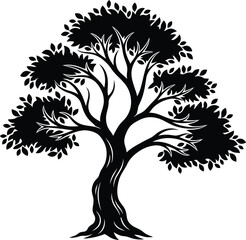 Obraz premium Stylized Black Silhouette of an Olive Tree Vector Illustration – Elegant, Detailed Engraving-Style Design for Logo, Nature, Growth, and Ecology Concepts with Organic Foliage and Roots.