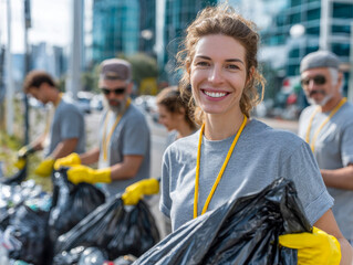 Community members clean the street and pick up trash during a public cleanup event in the city on a sunny afternoon Generative AI