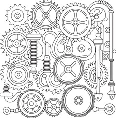 Intricate steampunk gears and cogs mechanical design illustration