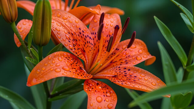 A close-up of a beautiful orange tiger lily flower blooming in the garden during summer - Powered by Adobe