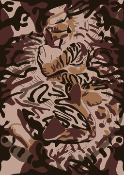 Silhouettes of orange brown cats. Abstract geometric background with wave spots. Seamless pattern for print or tattoo. Digital art. Creative ornament with animals. Wild life. Cute sleeping pet.