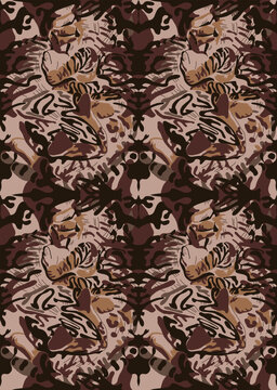 Pet silhouettes. Orange-brown cats and dog heads. Abstract geometric background with wavy spots. Seamless pattern for print or tattoo. Digital art. Creative animal ornament. Wildlife. Jungle wallpaper