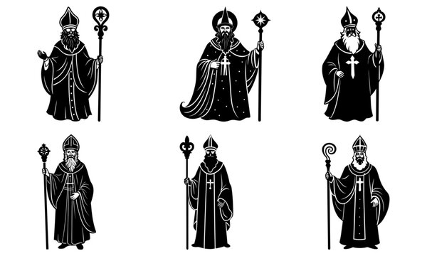 Collection of six black and white images of bishops holding staffs in ornate robes and tall hats